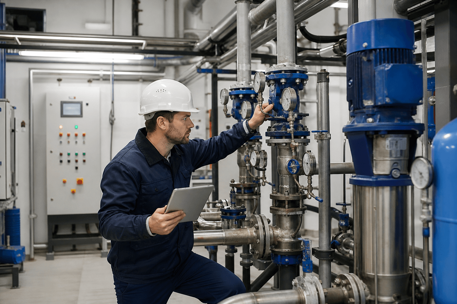 Technician reviewing water pressure controls in a mechanical room
