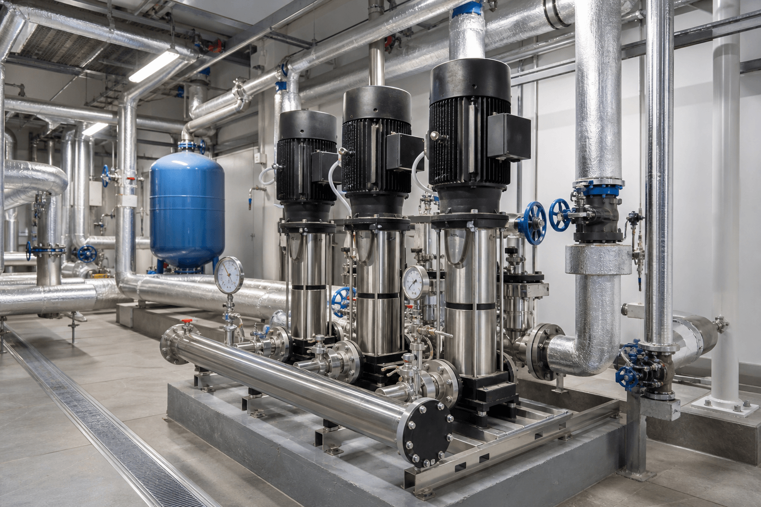 Clean commercial pump room with stainless steel booster systems